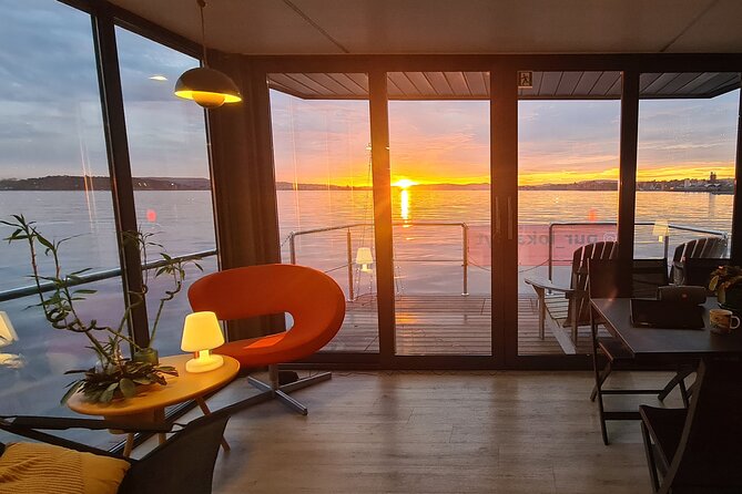 Fjord Houseboat Cruise in Oslo. 100 % electric. BYO - The marina section: art, saunas, food, and boats